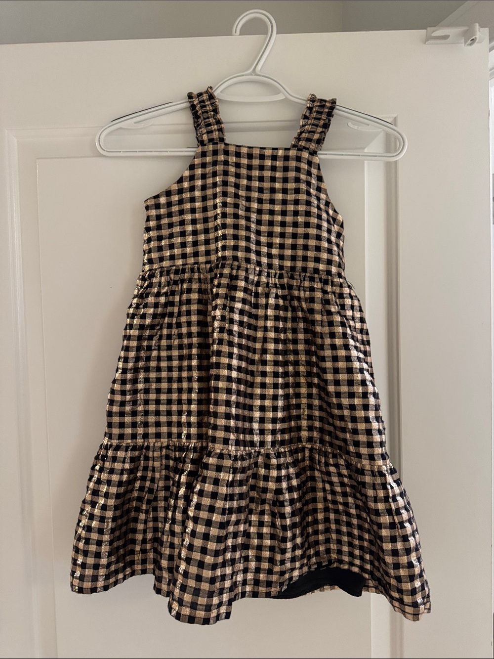 Crewcuts Black and Metallic Gold Gingham Tiered Dress Sz 7